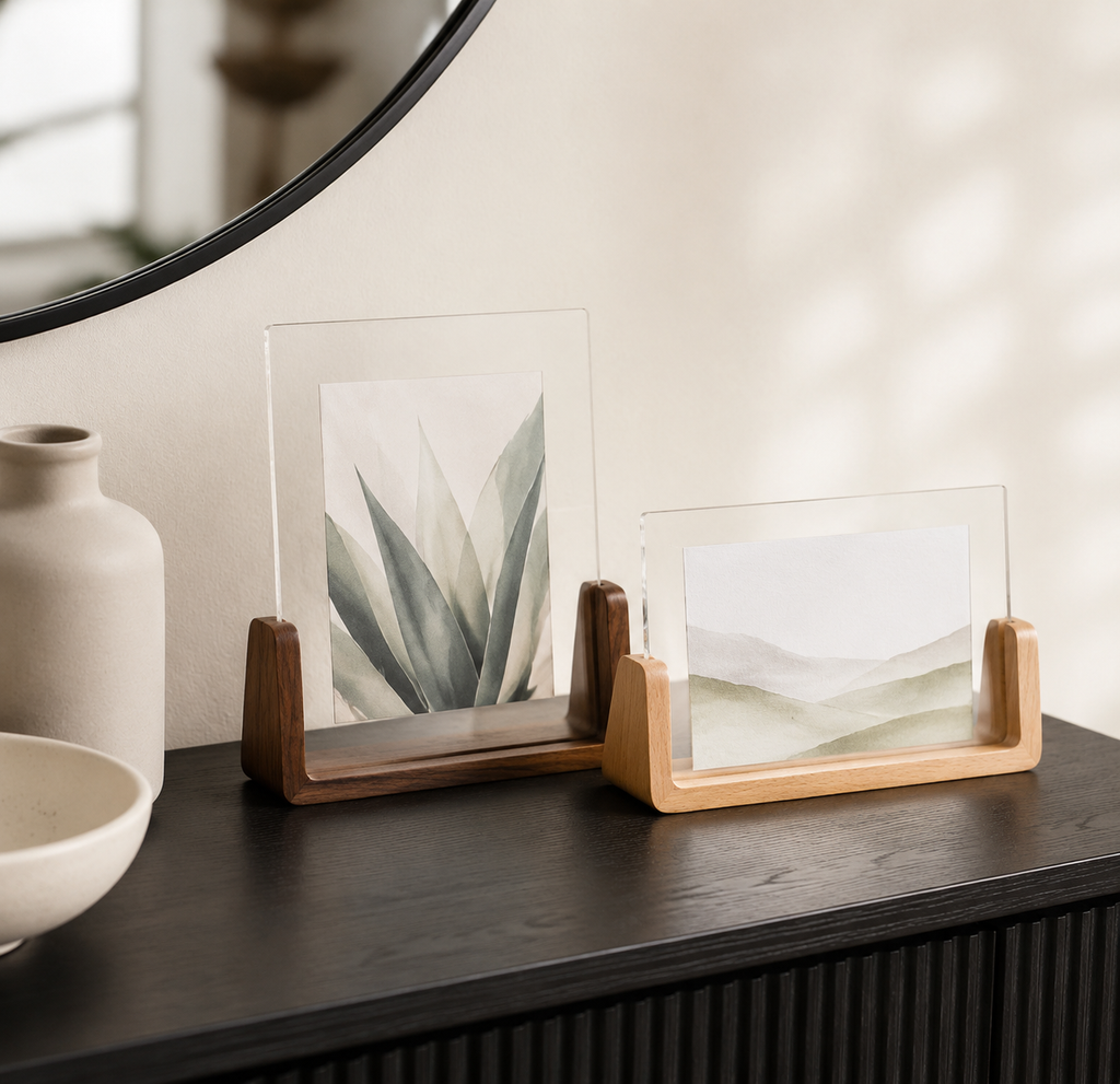 Two acrylic photo frame sizes arranged below a round mirror on a dark console.