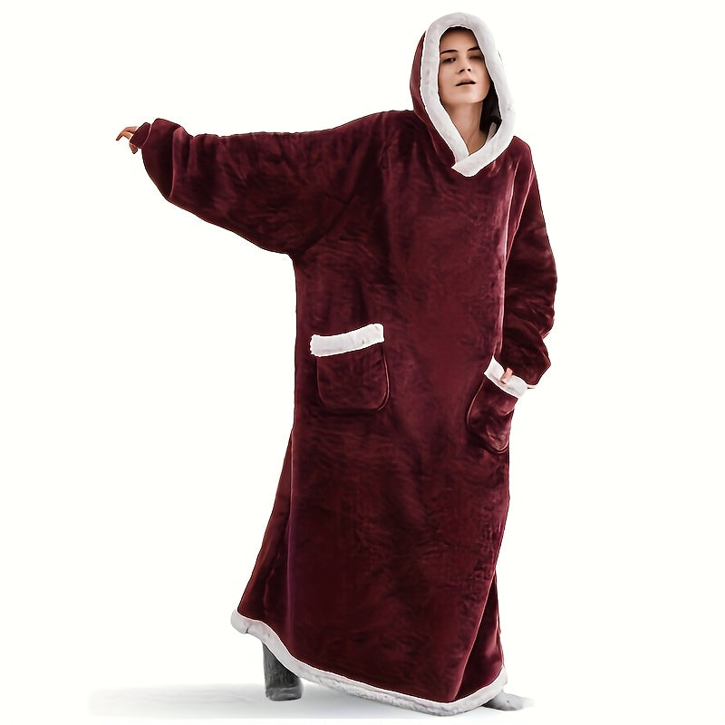 Wearable Blanket Robe | Extra Long Hooded Flannel With Vertical Pockets, Polyester