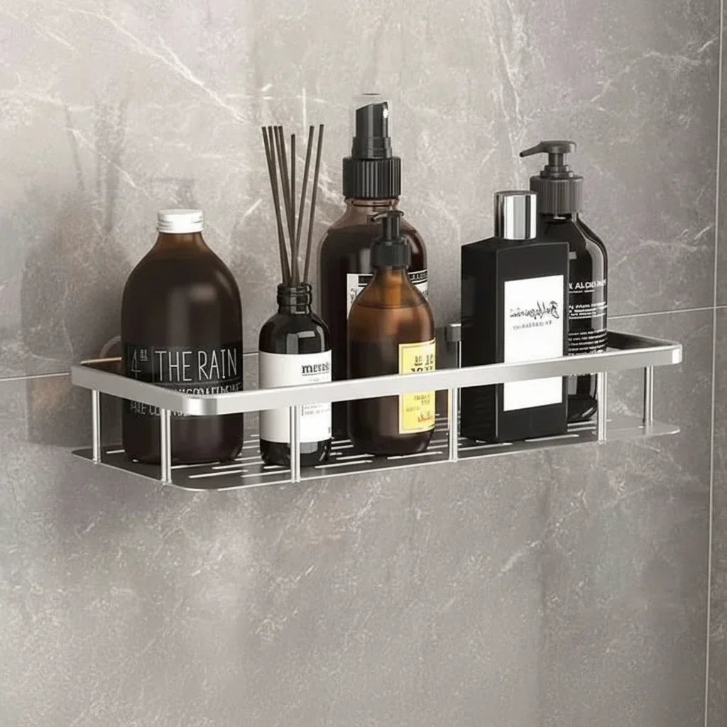 Bathroom Shelf | Drill Free Adhesive Storage, Metal, Black Or Silver