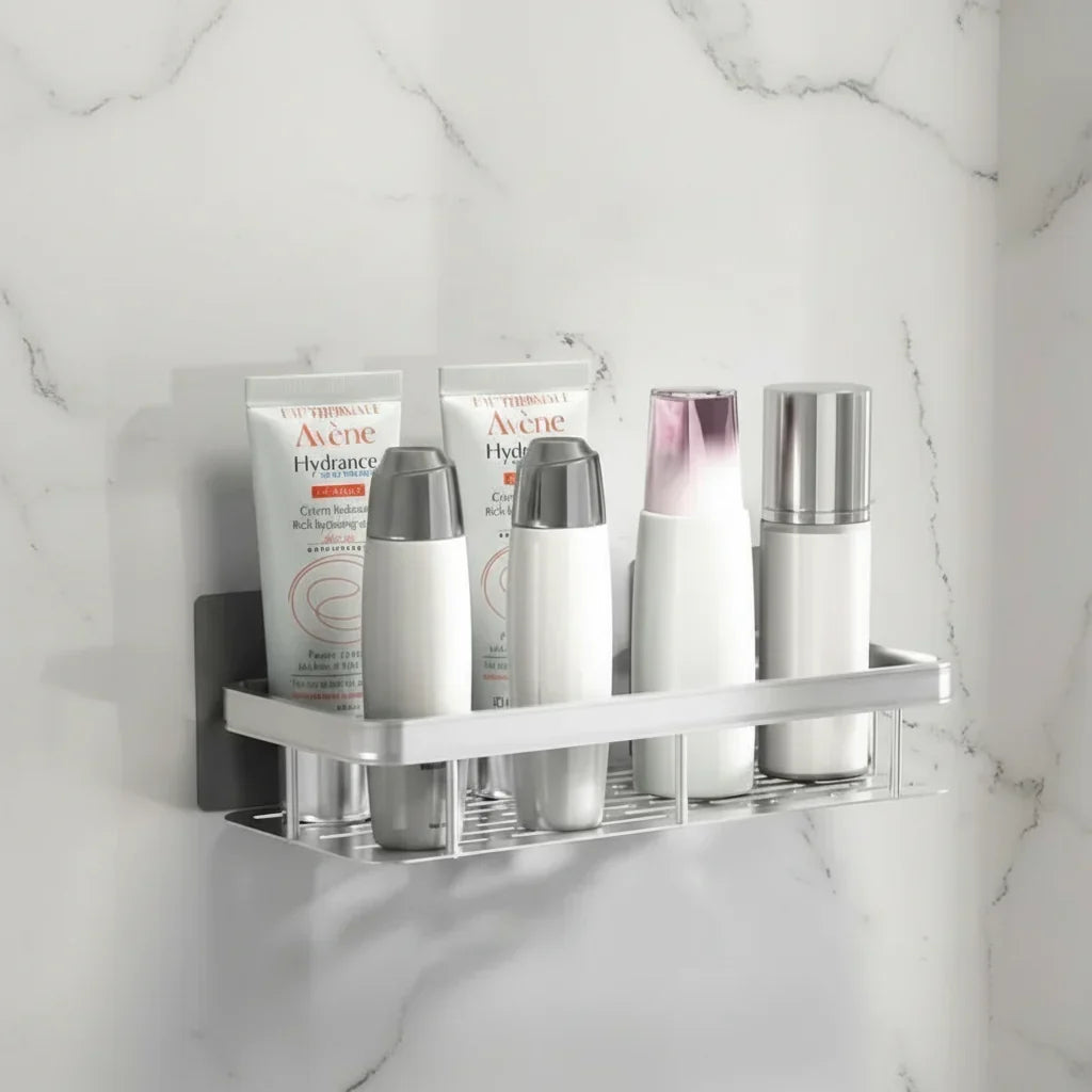 Bathroom Shelf | Drill Free Adhesive Storage, Metal, Black Or Silver