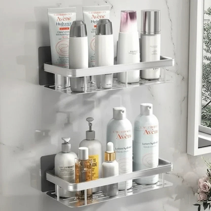 Bathroom Shelf | Drill Free Adhesive Storage, Metal, Black Or Silver