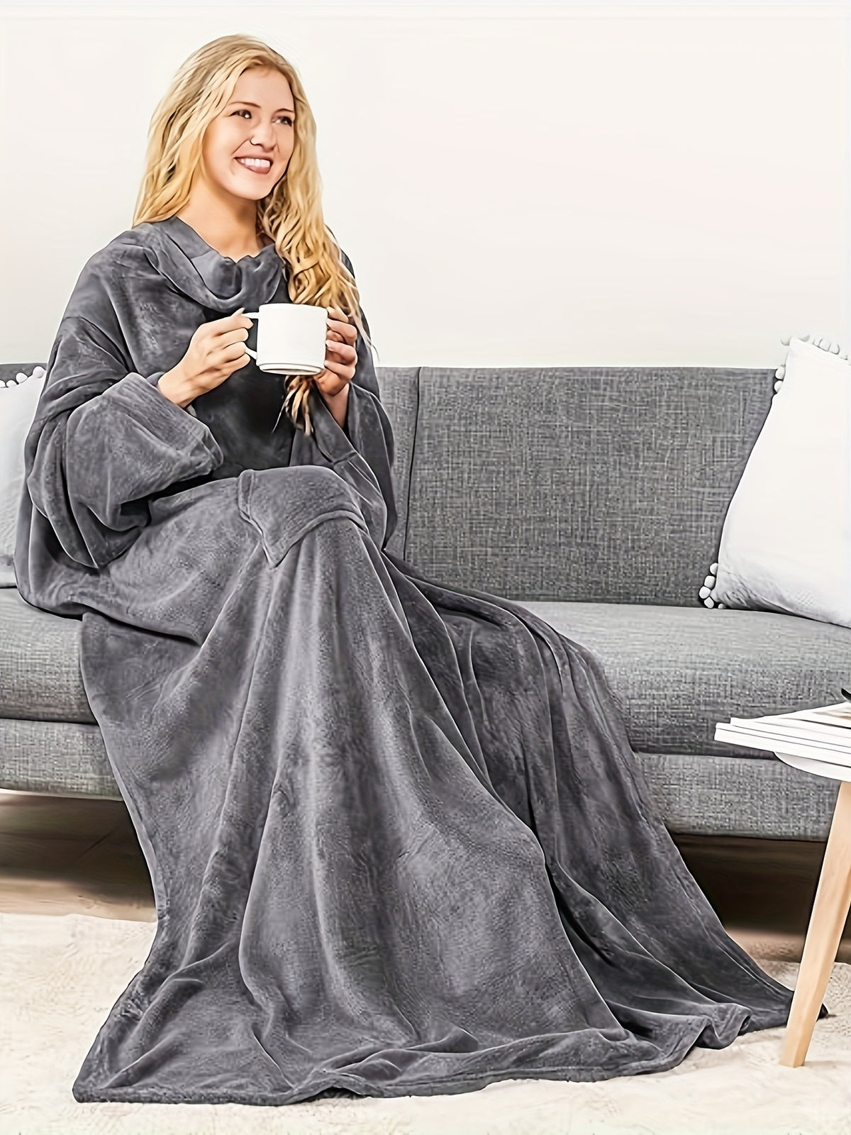 Wearable Blanket Wrap | Sleeved Loose Fit, Polyester Knit, Dark Gray
