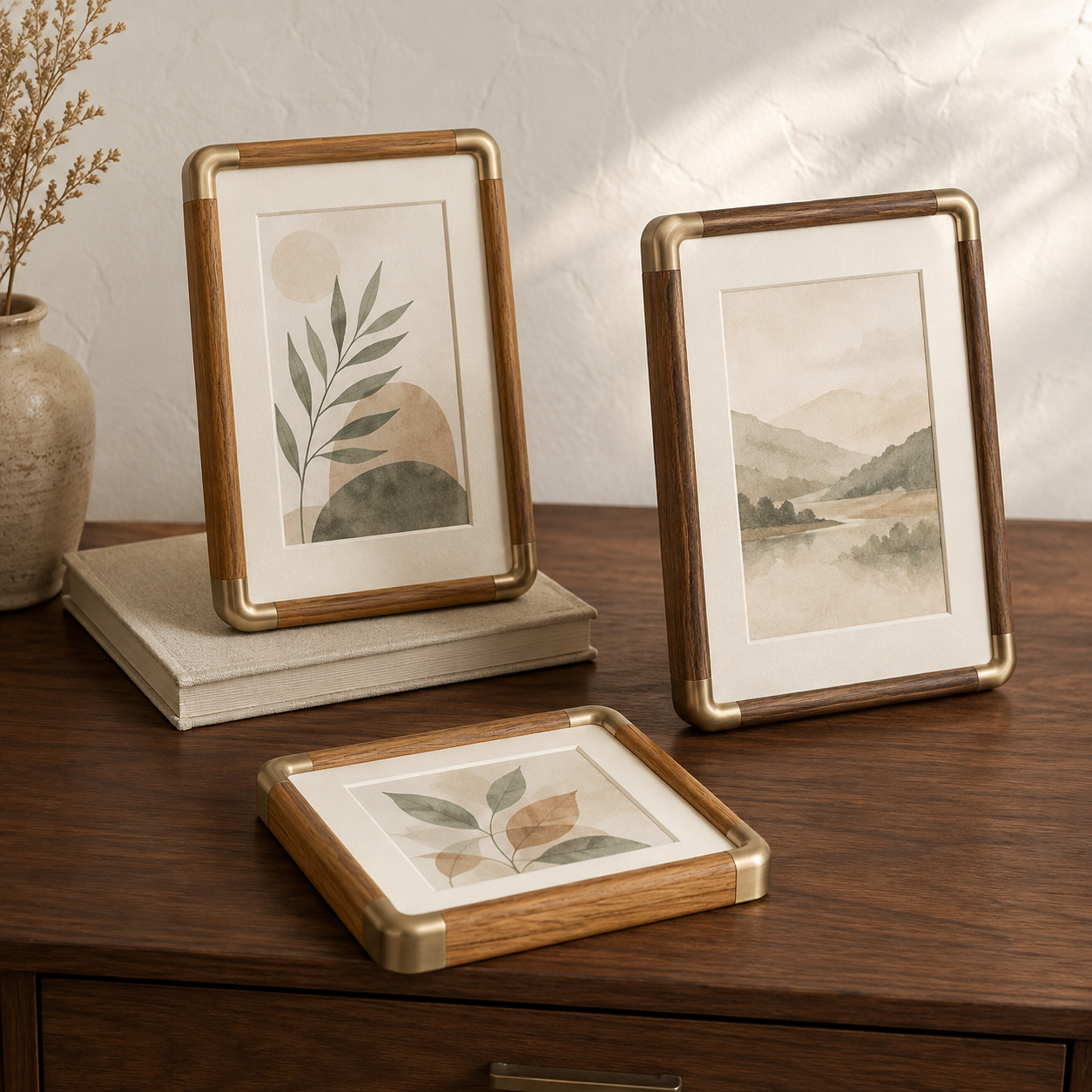 Three brass corner photo frames arranged on a walnut console