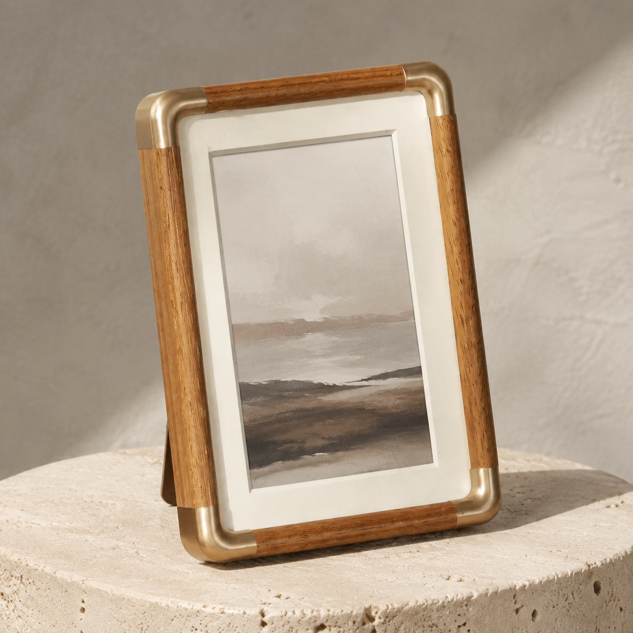 Teak portrait photo frame with brass corners on a travertine plinth