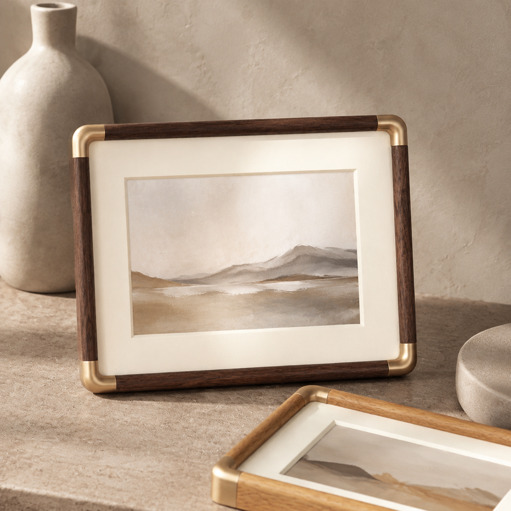 Walnut landscape and teak photo frames arranged on a stone console