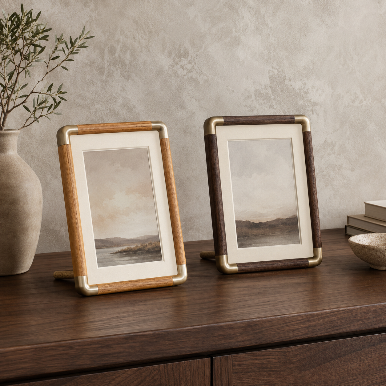 Teak and black walnut tabletop photo frames with brass tone corners