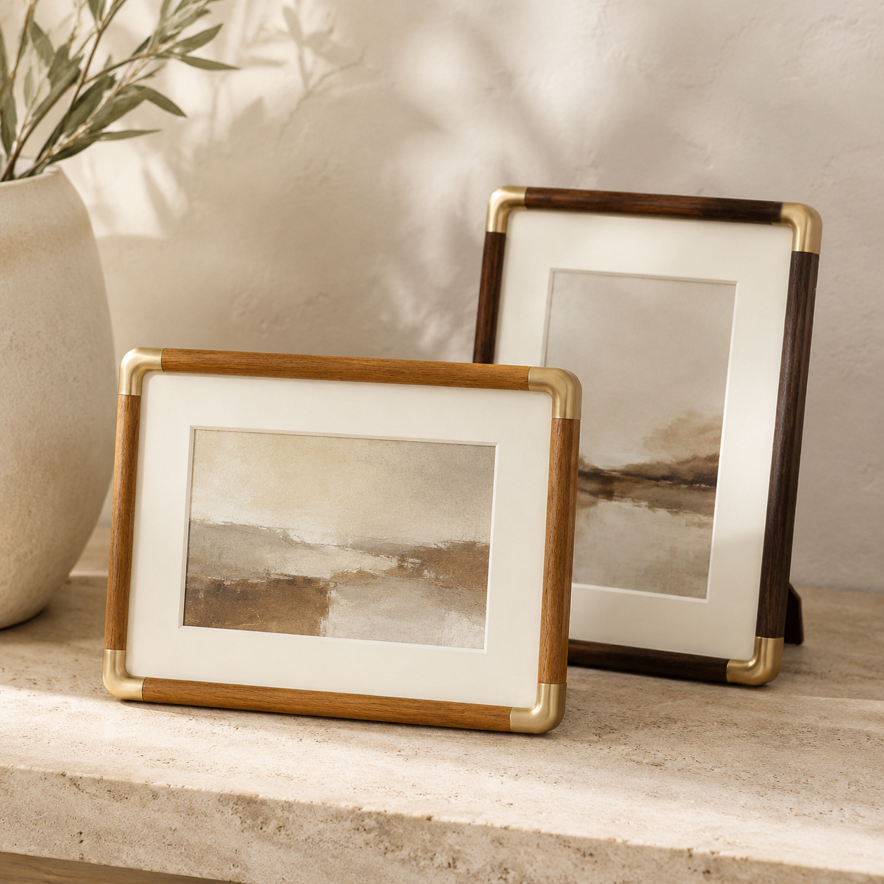 Teak landscape and black walnut portrait photo frames with brass tone corners