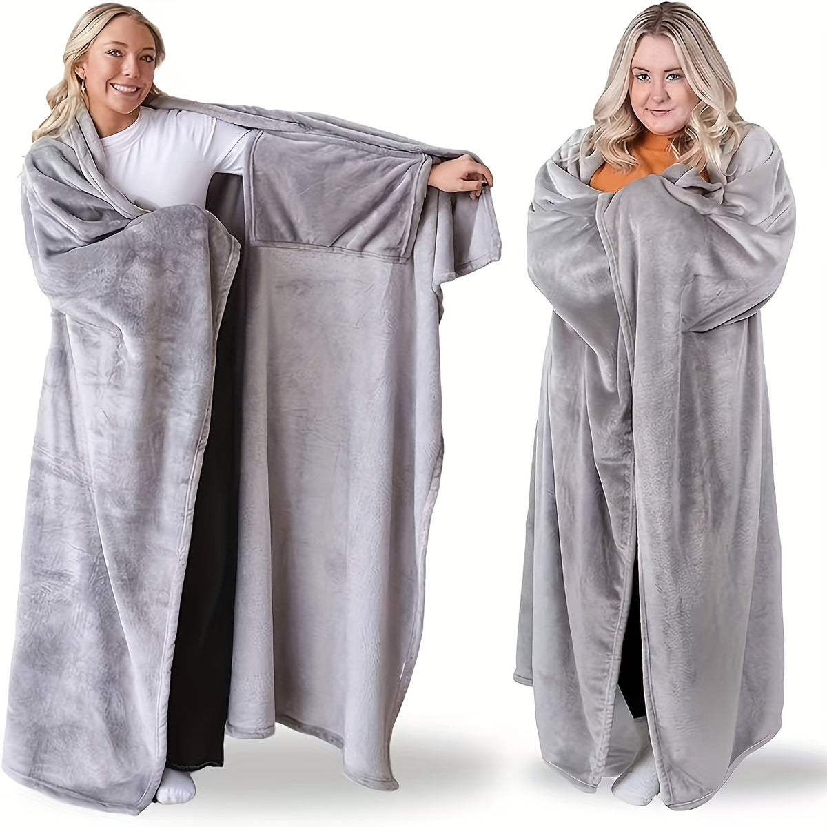 Wearable Blanket | Long Flannel Design With Double Pockets, Polyester, Multiple Colors