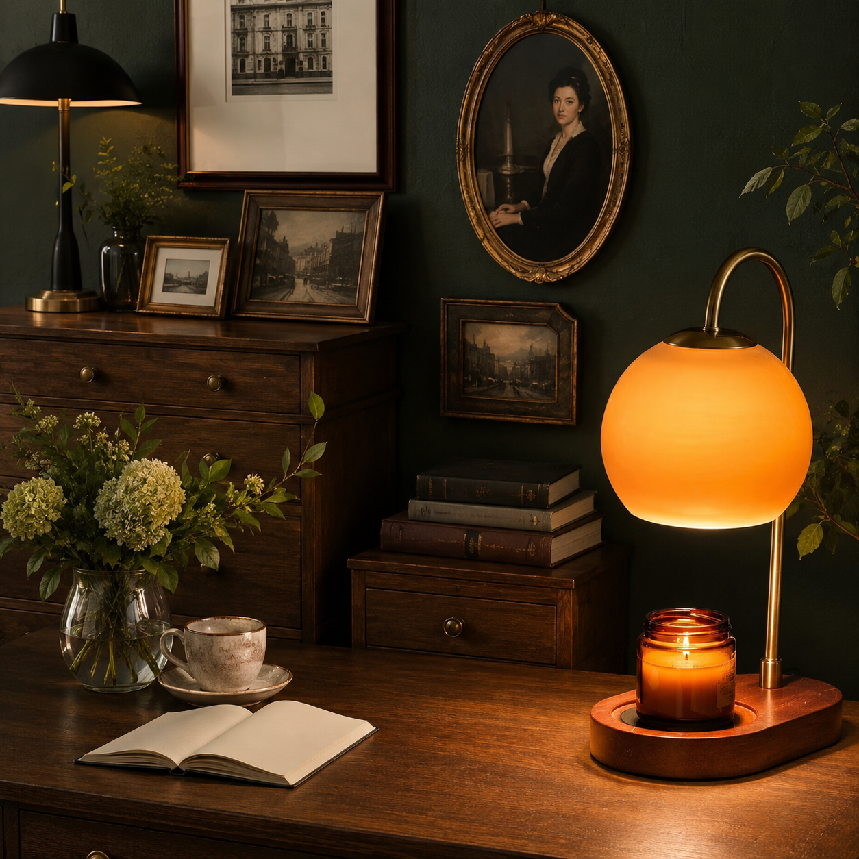 Adjustable orange glass candle warmer lamp lifestyle view 1