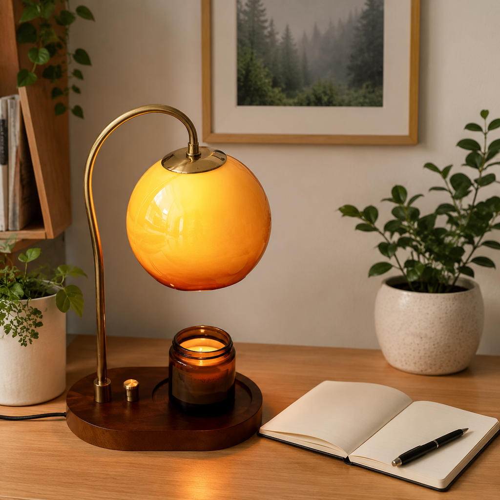 Adjustable orange glass candle warmer lamp lifestyle view 2