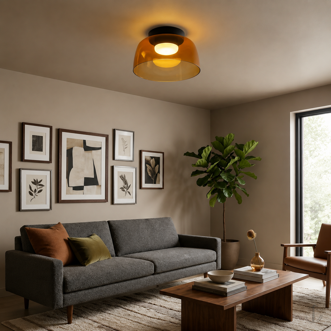 Orange layered glass ceiling light in a modern living room.