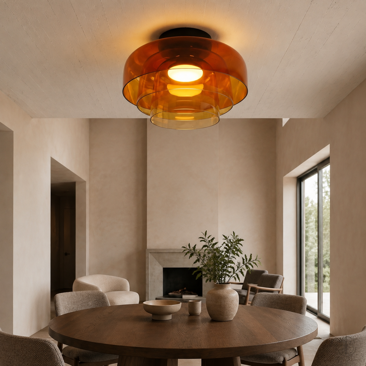 Orange double-layer ceiling light above a modern dining table.