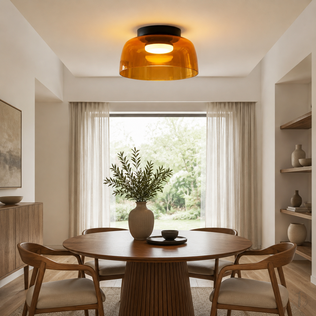 Green ceiling light over a compact dining setting.
