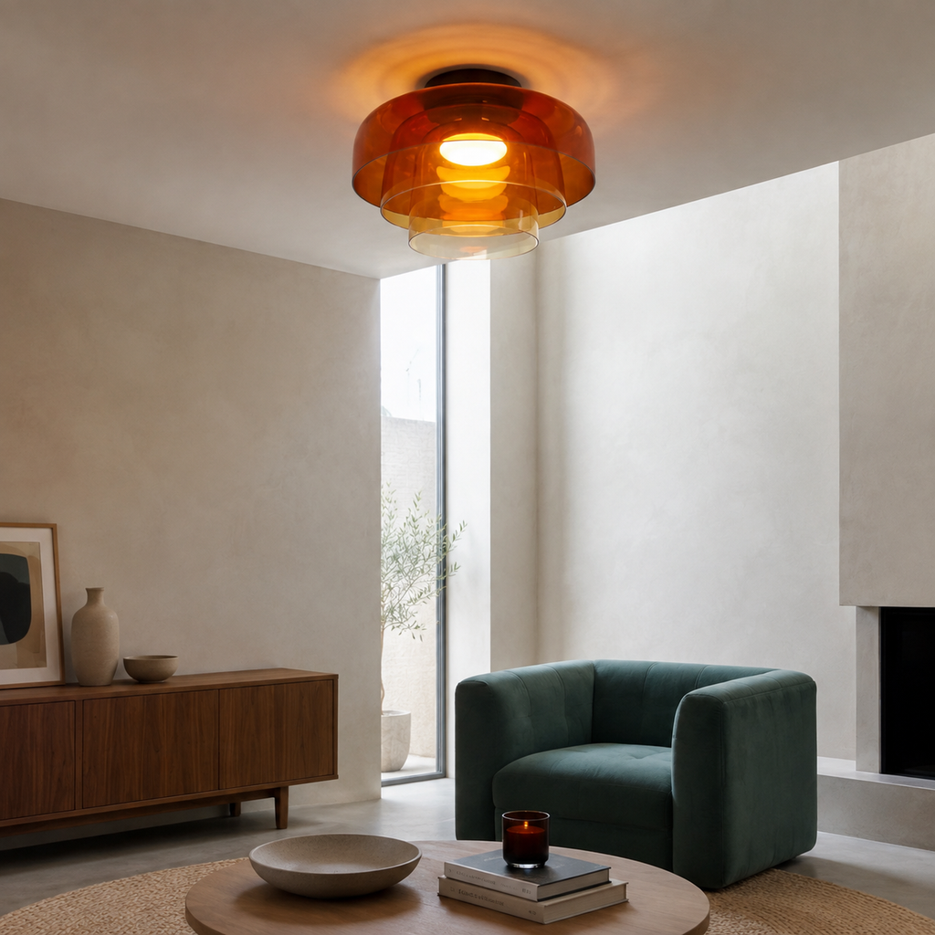 Orange glass ceiling light glowing in a contemporary interior.
