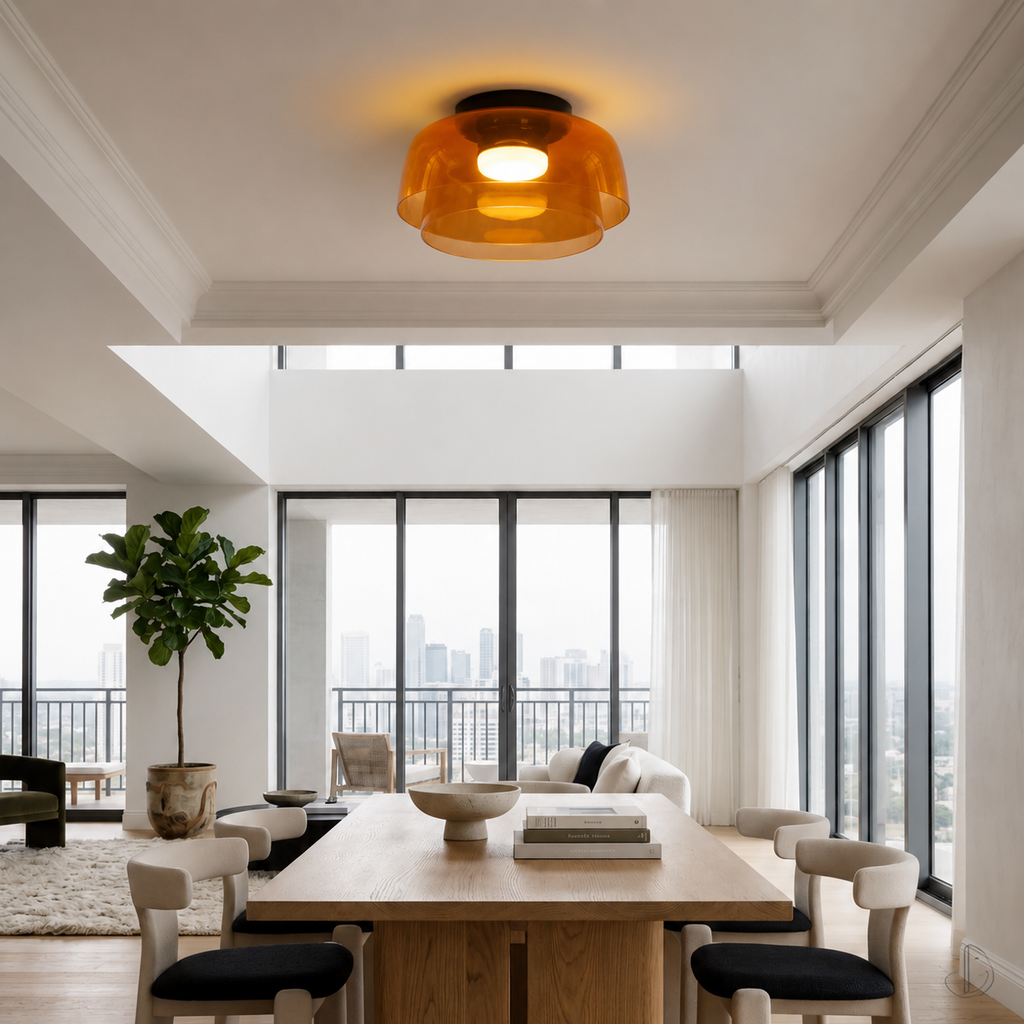 Green glass ceiling light in an airy living space.