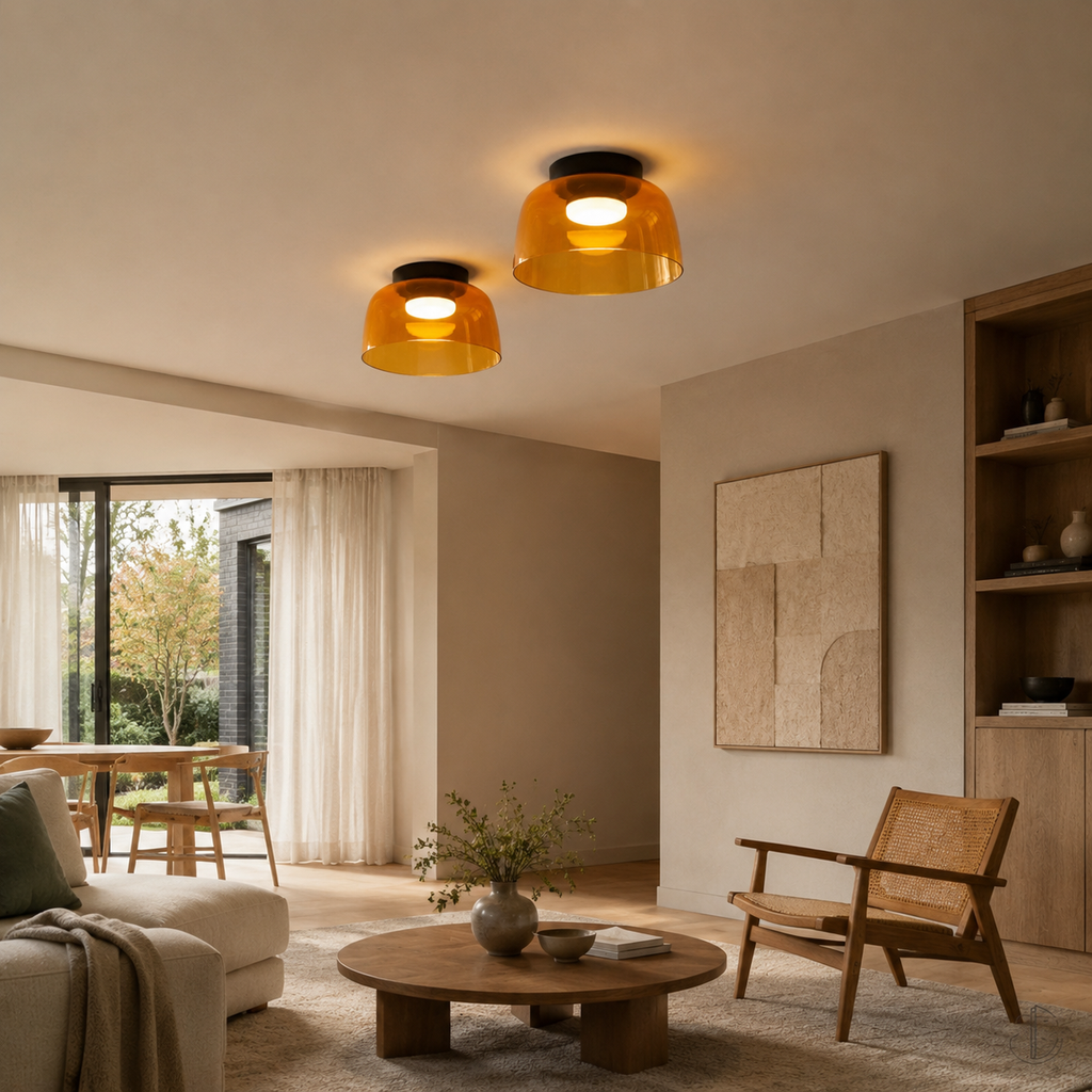 Green layered ceiling light in a reading corner.