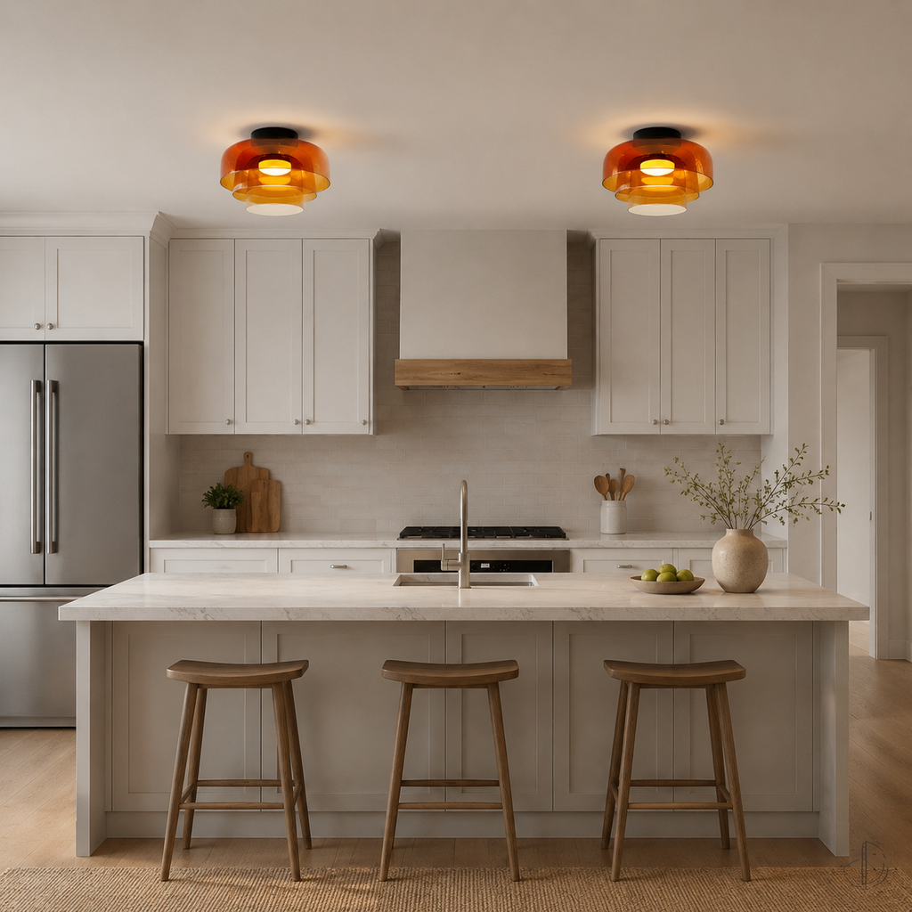 Orange ceiling light in a white kitchen.