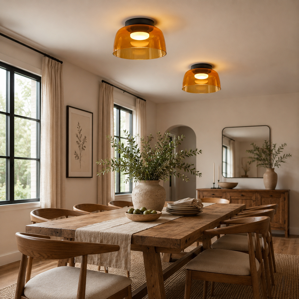 Pair of green ceiling lights above a dining table.