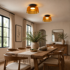 Pair of green ceiling lights above a dining table.