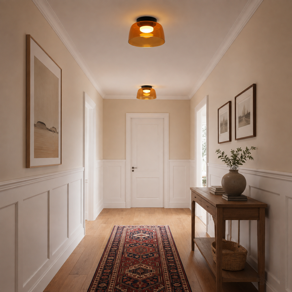 Orange ceiling lights along a bright hallway.