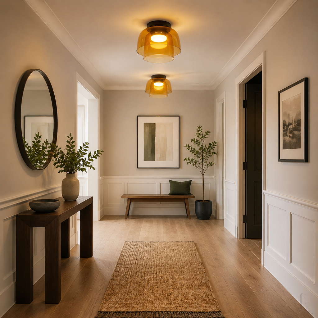 Pair of orange ceiling lights along a classic corridor.