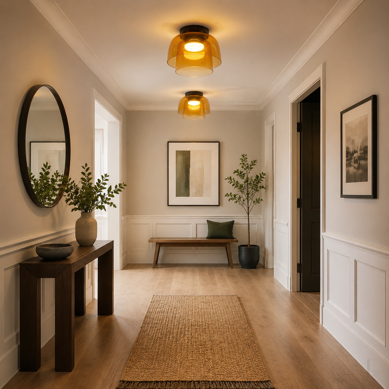 Pair of orange ceiling lights along a classic corridor.