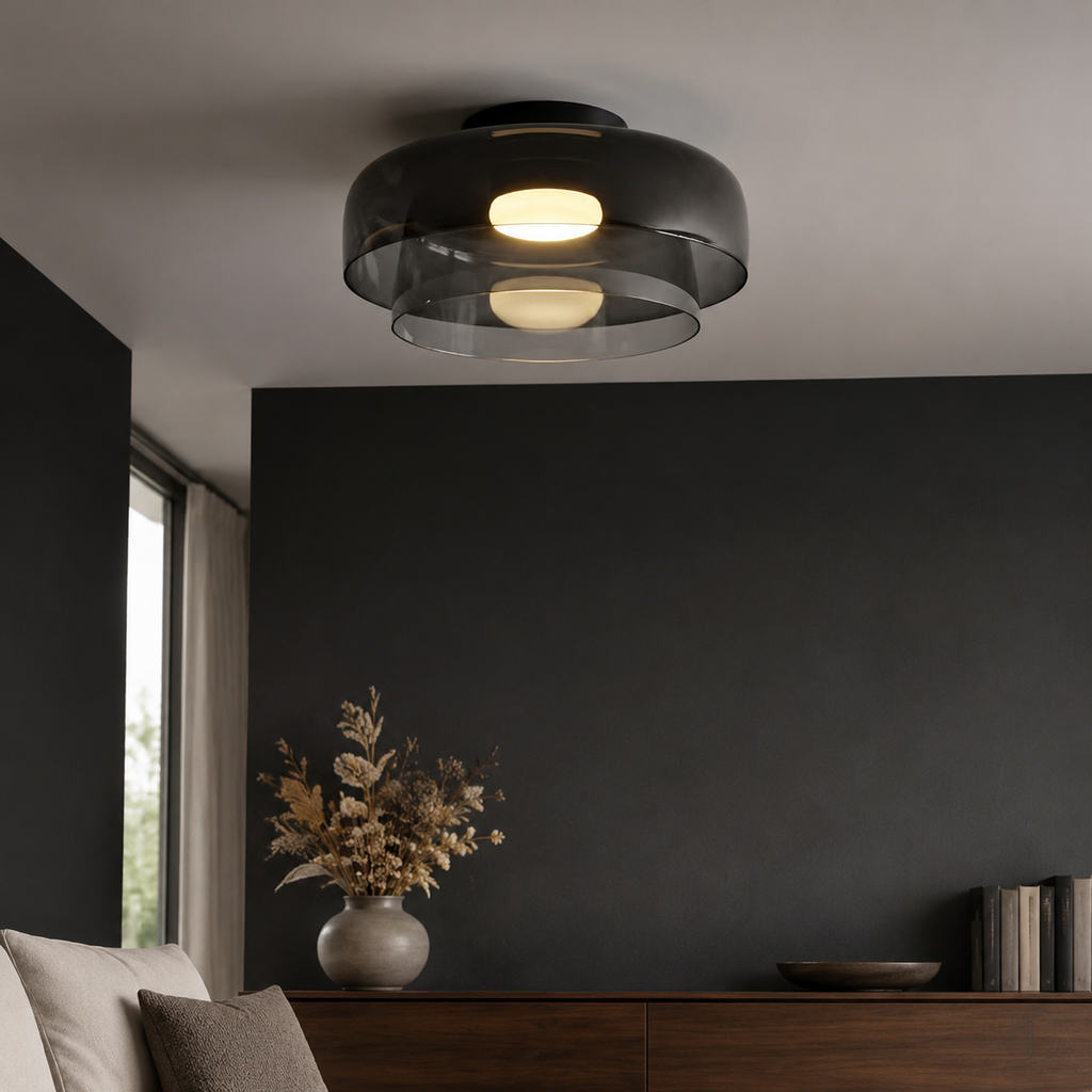 Smoke gray double-layer ceiling light against a charcoal wall.