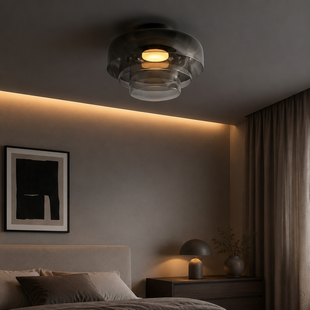 Smoke gray layered ceiling light in a moody bedroom.