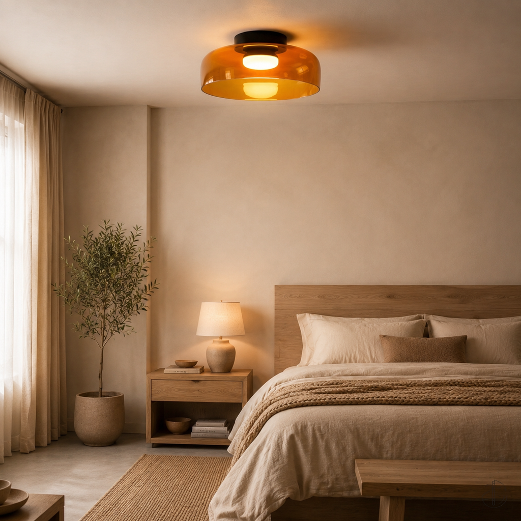 Orange ceiling light in a calm neutral bedroom.