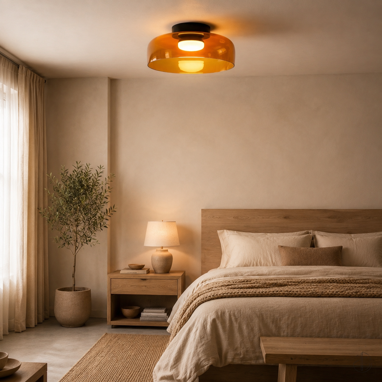Orange ceiling light in a calm neutral bedroom.