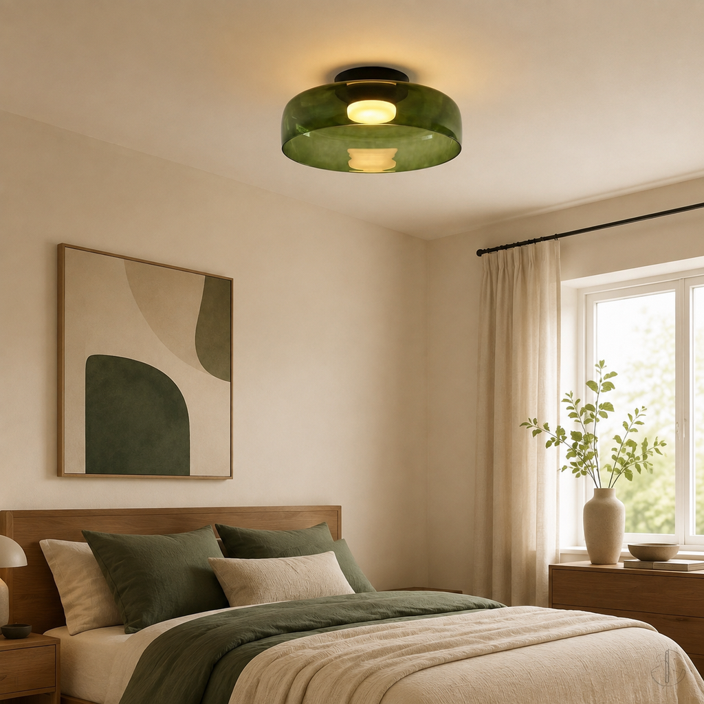 Green ceiling light in a soft neutral bedroom.