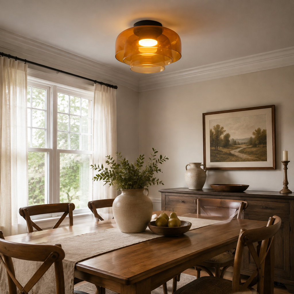 Green ceiling light above a warm wood dining area.