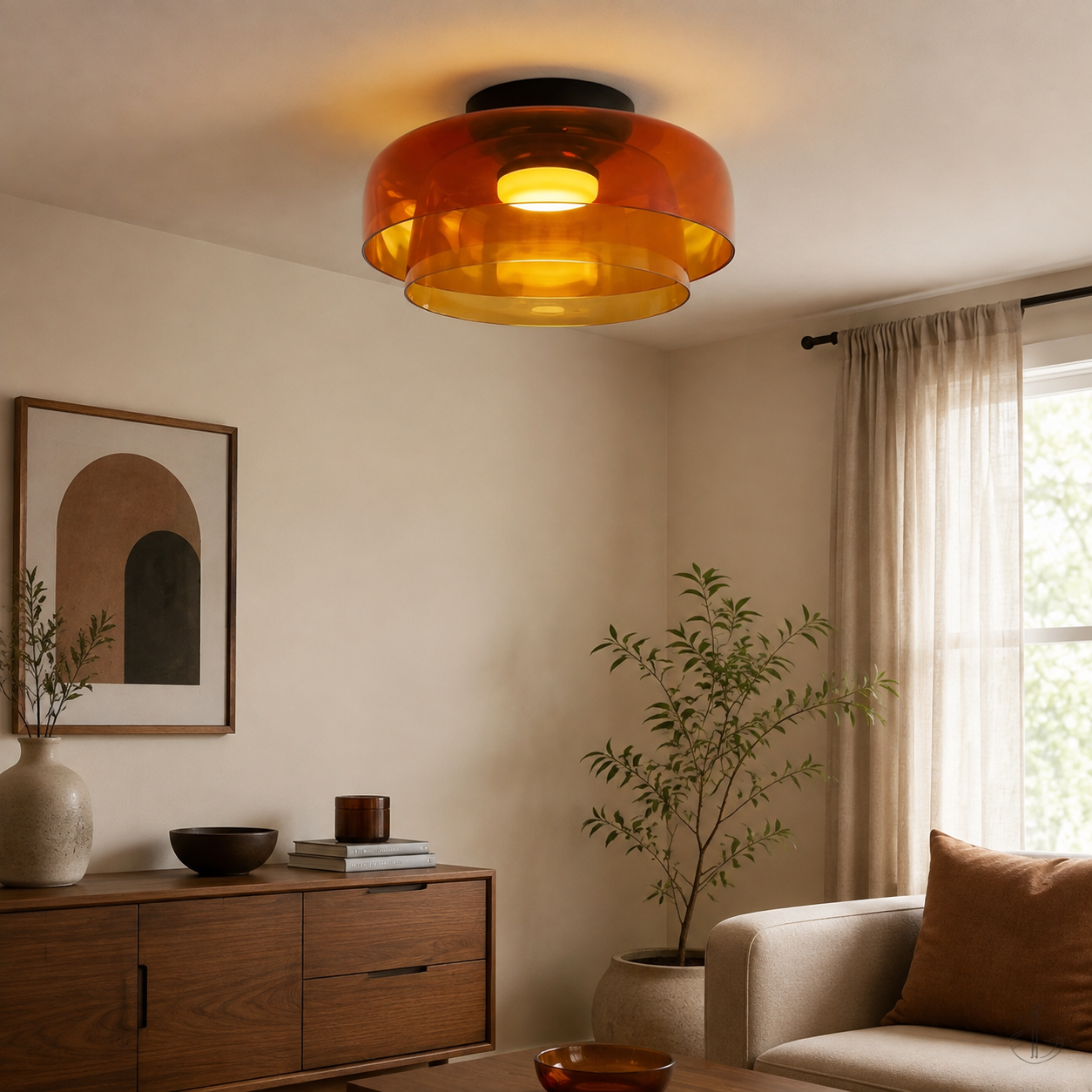 Orange ceiling light in a green-accented living room.
