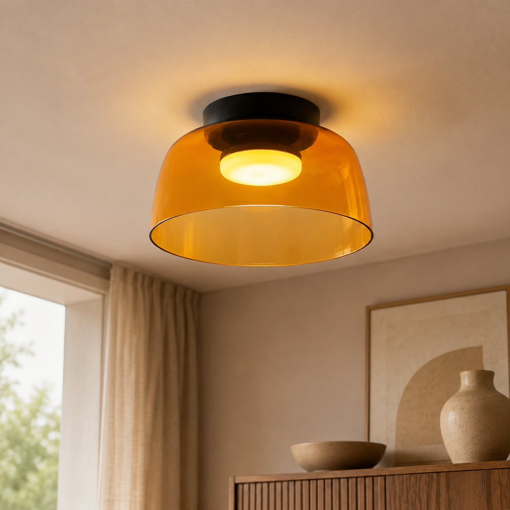 Orange single-layer glass ceiling light on white.