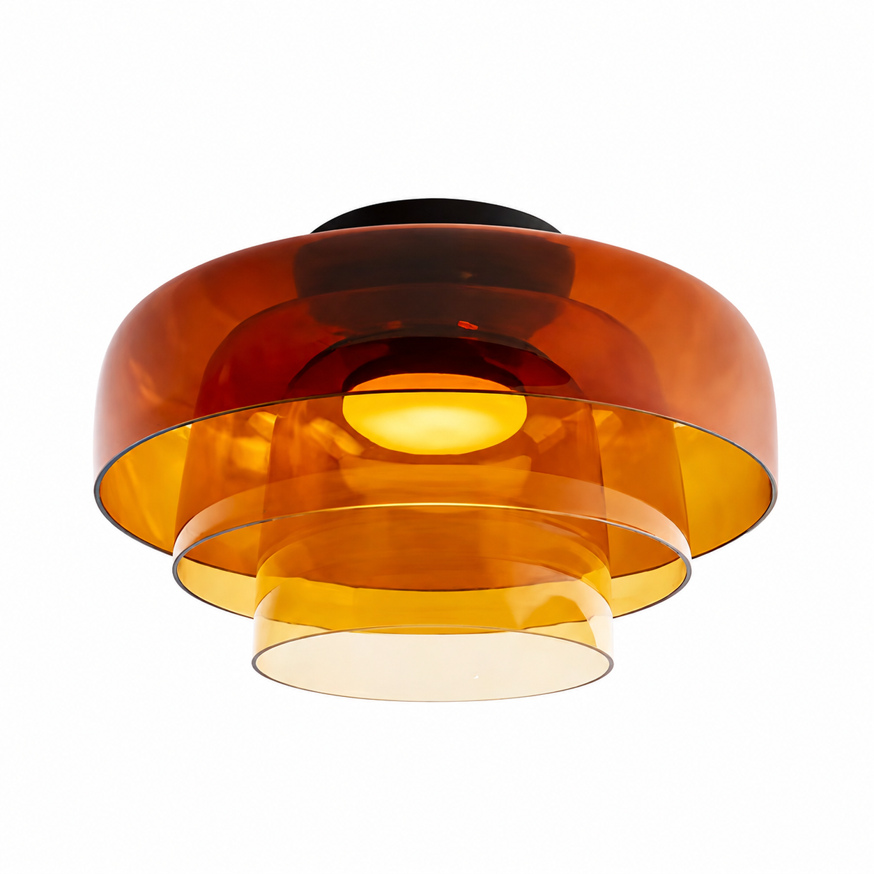 Orange three-layer glass ceiling light on white.