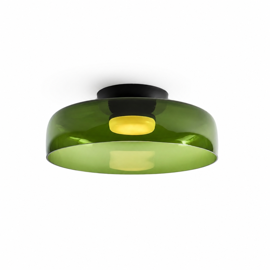 Green single-layer shallow glass ceiling light on white.