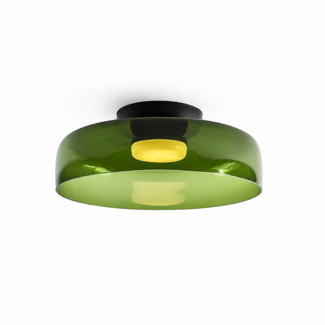 Green single-layer shallow glass ceiling light on white.