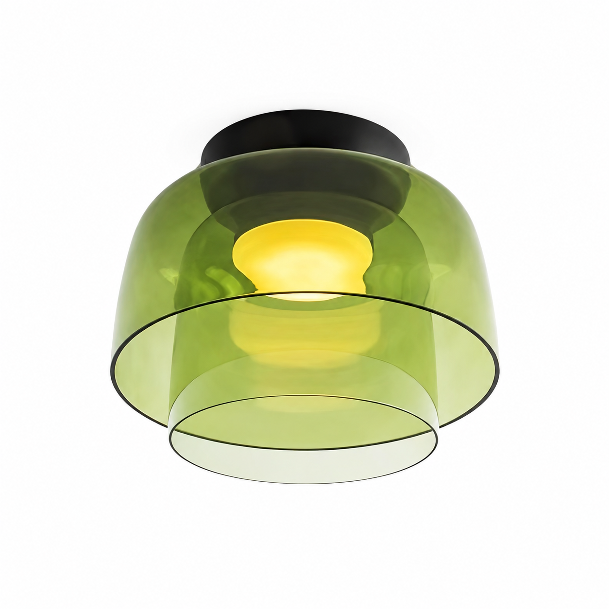 Green double-layer compact ceiling light on white.