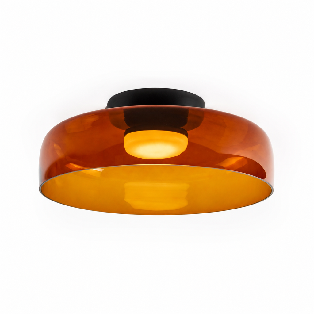 Orange single-layer shallow ceiling light on white.