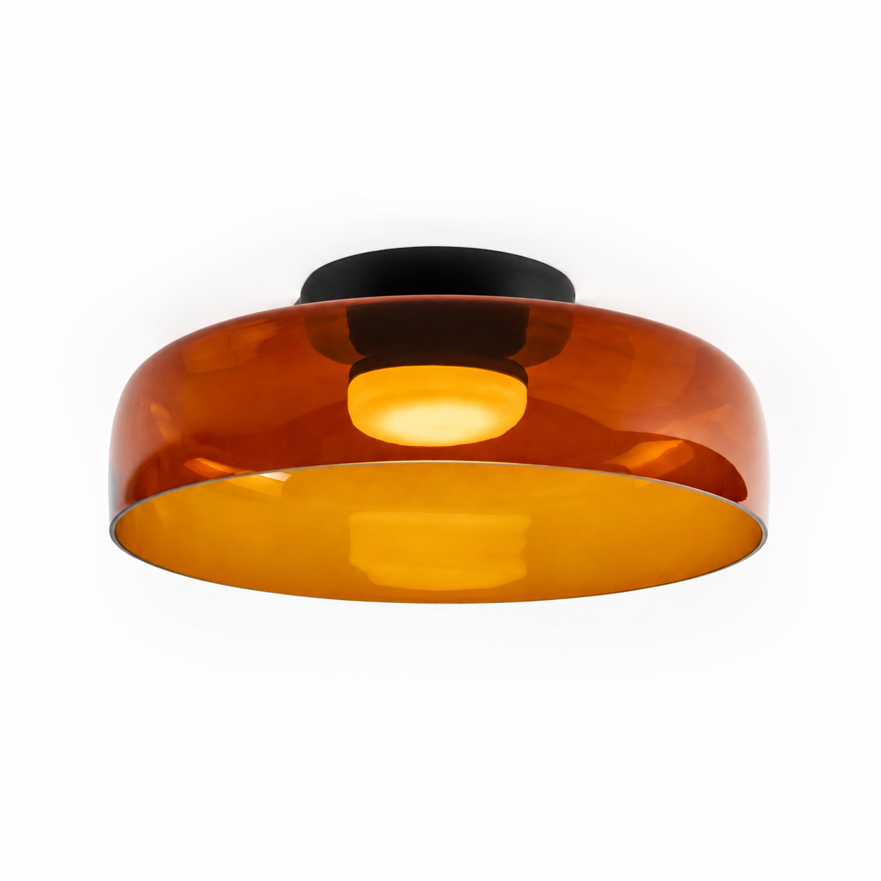 Orange single-layer shallow ceiling light on white.
