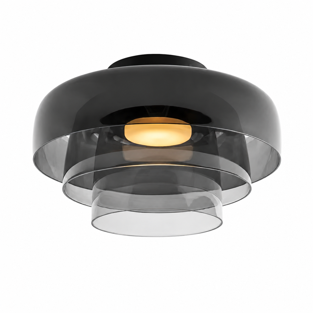 Smoke gray double-layer wide ceiling light on white.
