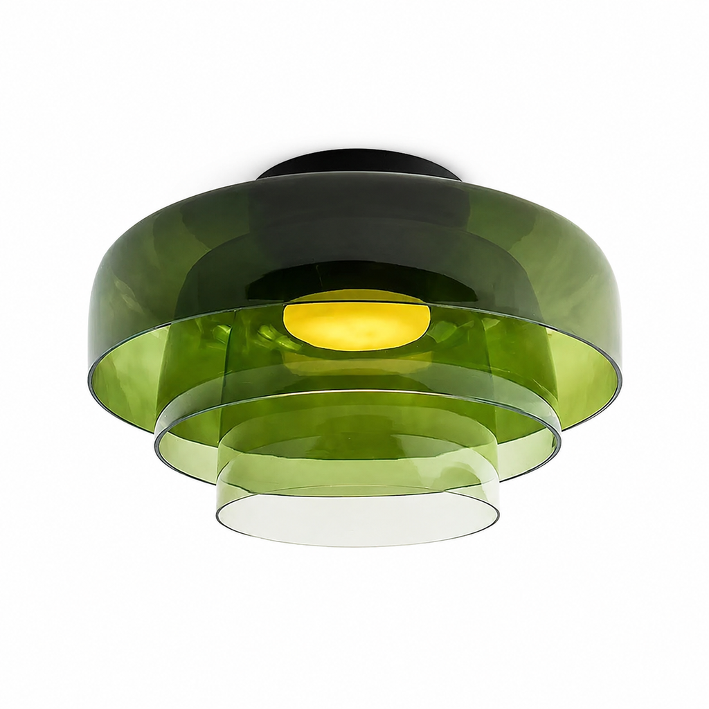 Green three-layer ceiling light on white.