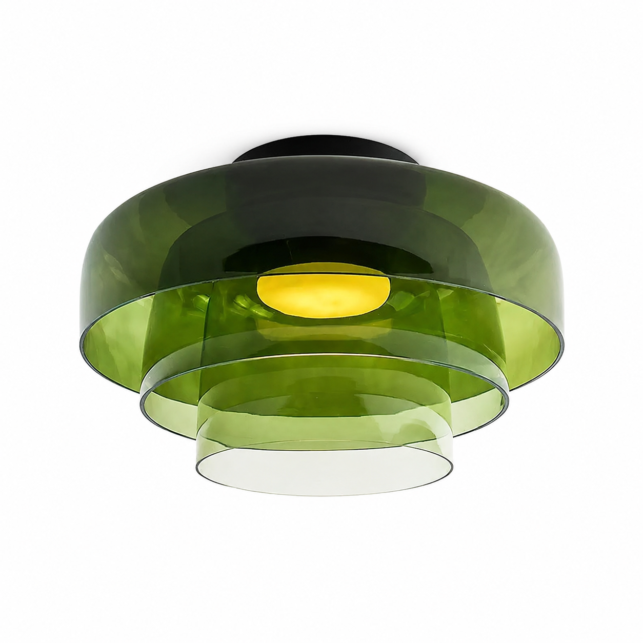 Green three-layer ceiling light on white.