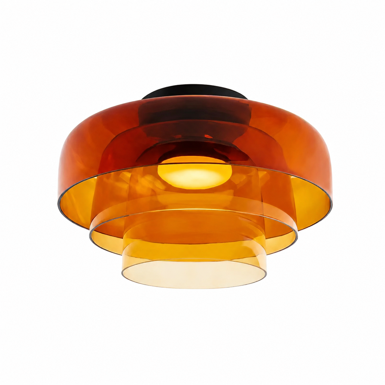 Orange three-layer wide ceiling light on white.