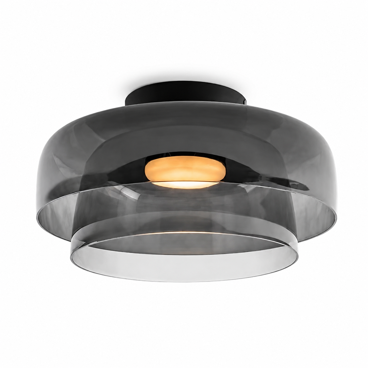 Smoke gray double-layer wide ceiling light on white.