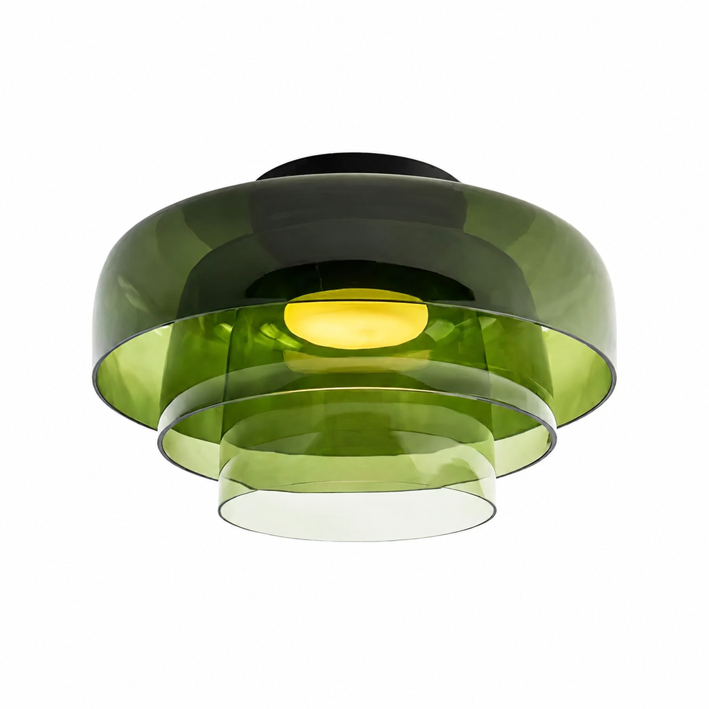 Green three-layer wide ceiling light on white.