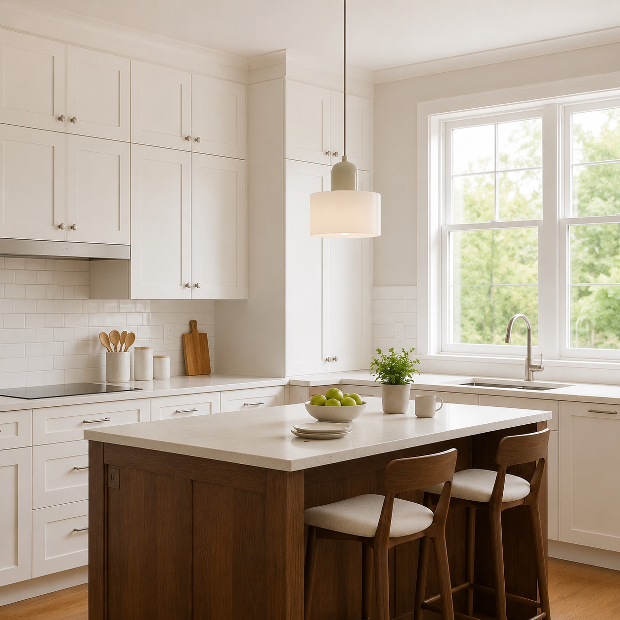 White circular glass pendant light above an American shaker kitchen island
