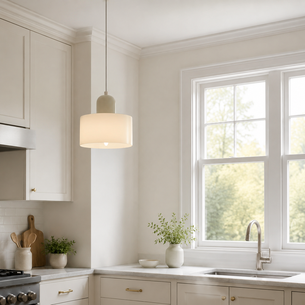 White circular glass pendant light glowing beside an American kitchen window