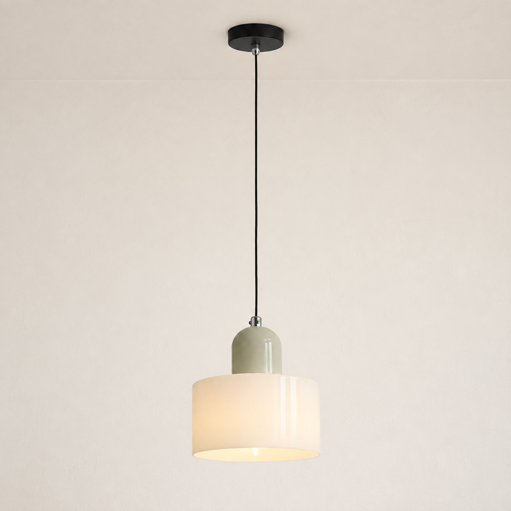 White circular glass pendant light shown with its long adjustable cord and canopy