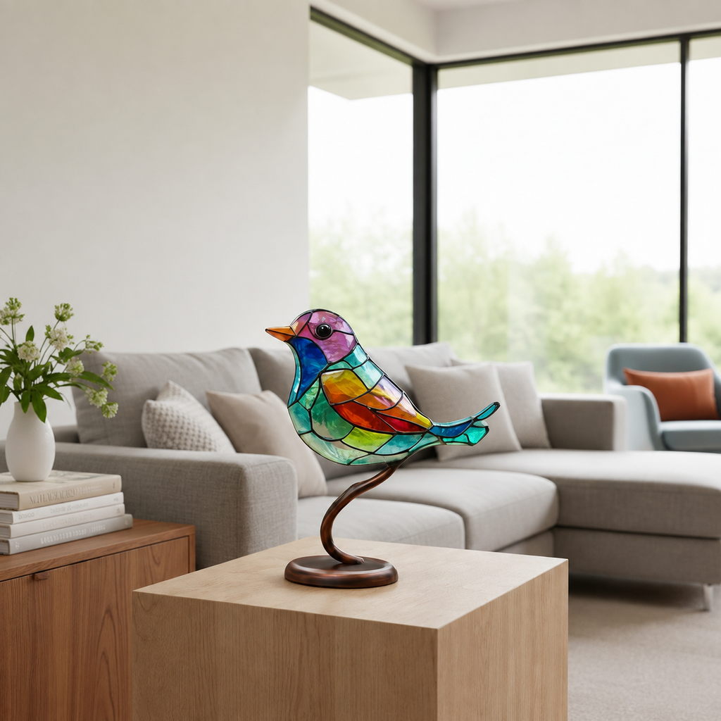 Bird Statue | Colorful Acrylic Animal Sculpture, Wood Base, Multicolor, gallery view 2.